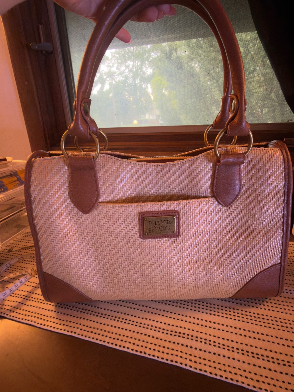 Frye and Co Straw Tote Handbag in Brown and Cream